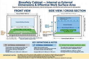  Diagram dimensi internal vs eksternal dan effective work surface Biosafety Cabinet front view side view