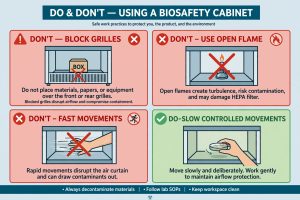 : Do and Don't menggunakan Biosafety Cabinet - jangan blok grille jangan api terbuka jangan gerakan cepat
