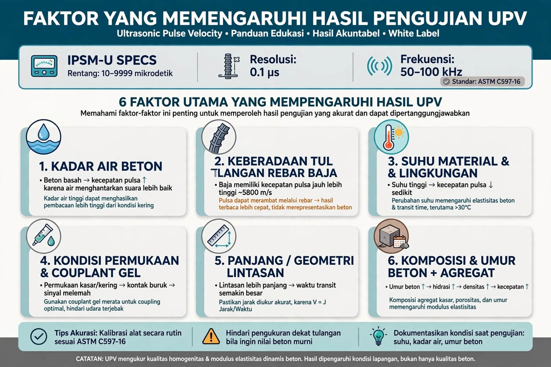 Faktor Memengaruhi Hasil UPV Kadar Air Beton Keberadaan Tulangan Suhu Material Kondisi Permukaan Couplant Panjang Geometri Lintasan Komposisi Umur Beton IPSM-U 10-9999us 50-100kHz ASTM C597-16 Accountable