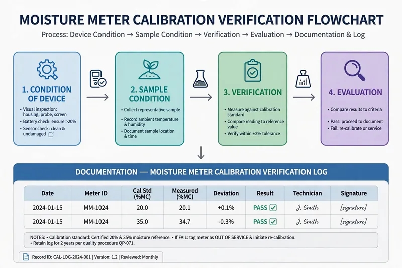 Flowchart alur verifikasi kalibrasi moisture meter dari kondisi alat sampai dokumentasi log QC