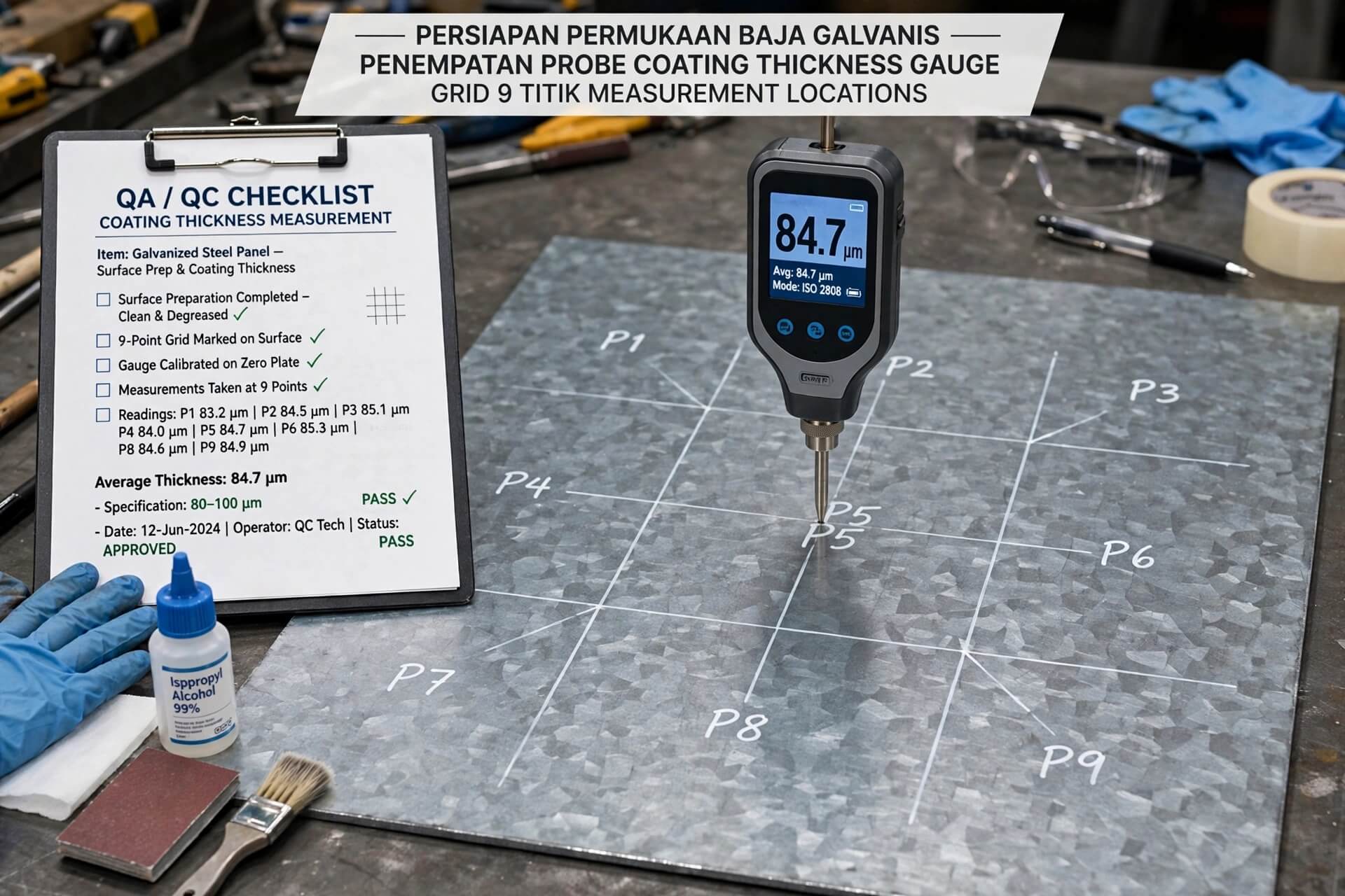 Persiapan permukaan baja galvanis dan penempatan probe coating thickness gauge pada lokasi pengukuran