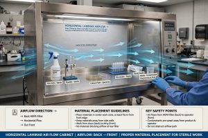 Horizontal Laminar Air Flow cabinet 0.45 m per s penempatan material 15cm dari tepi clean to dirty guidelines