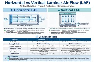 Horizontal vs vertical LAF airflow direction rear to front top to bottom comparison table
