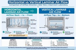 Perbandingan Horizontal vs Vertical Laminar Air Flow arah airflow back to front vs top to bottom side view cleanroom lab