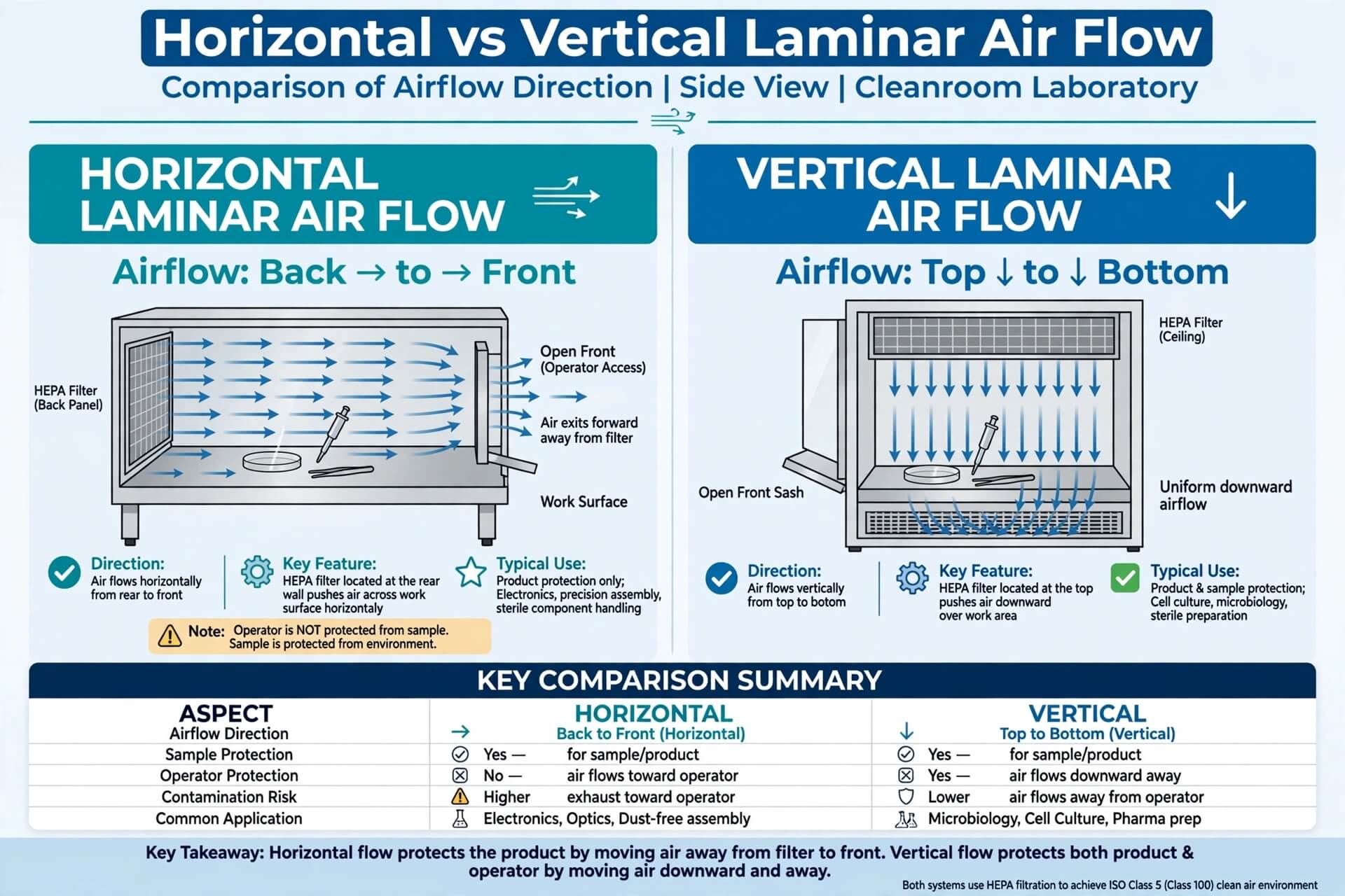 Perbandingan Horizontal vs Vertical Laminar Air Flow arah airflow back to front vs top to bottom side view cleanroom lab