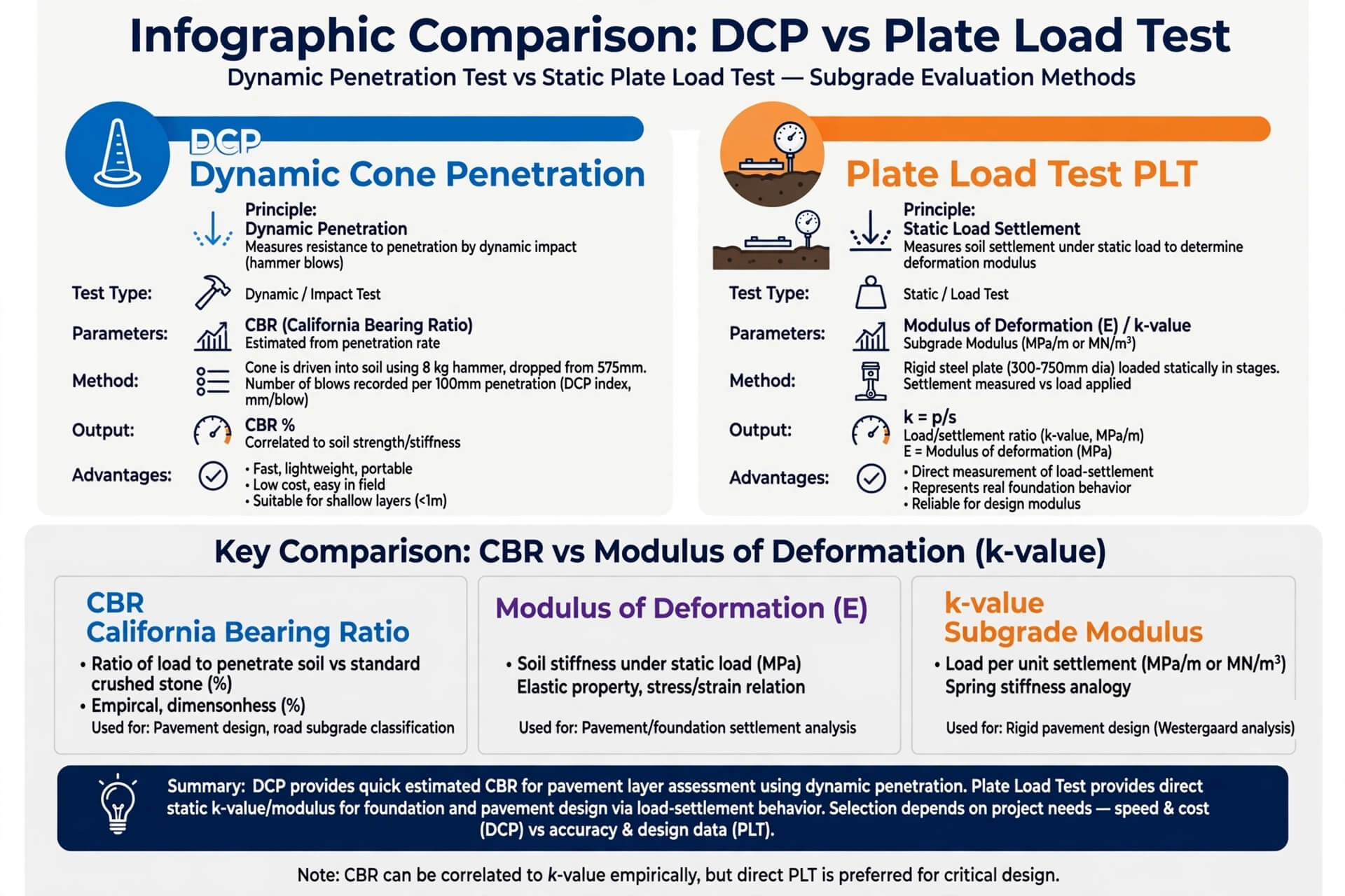 Infografis perbandingan DCP vs Plate Load Test CBR vs modulus deformasi k-value