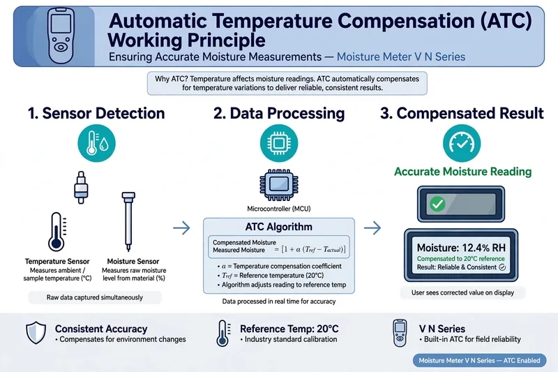 Infografis prinsip kerja Automatic Temperature Compensation ATC - sensor detection, data processing, compensated result