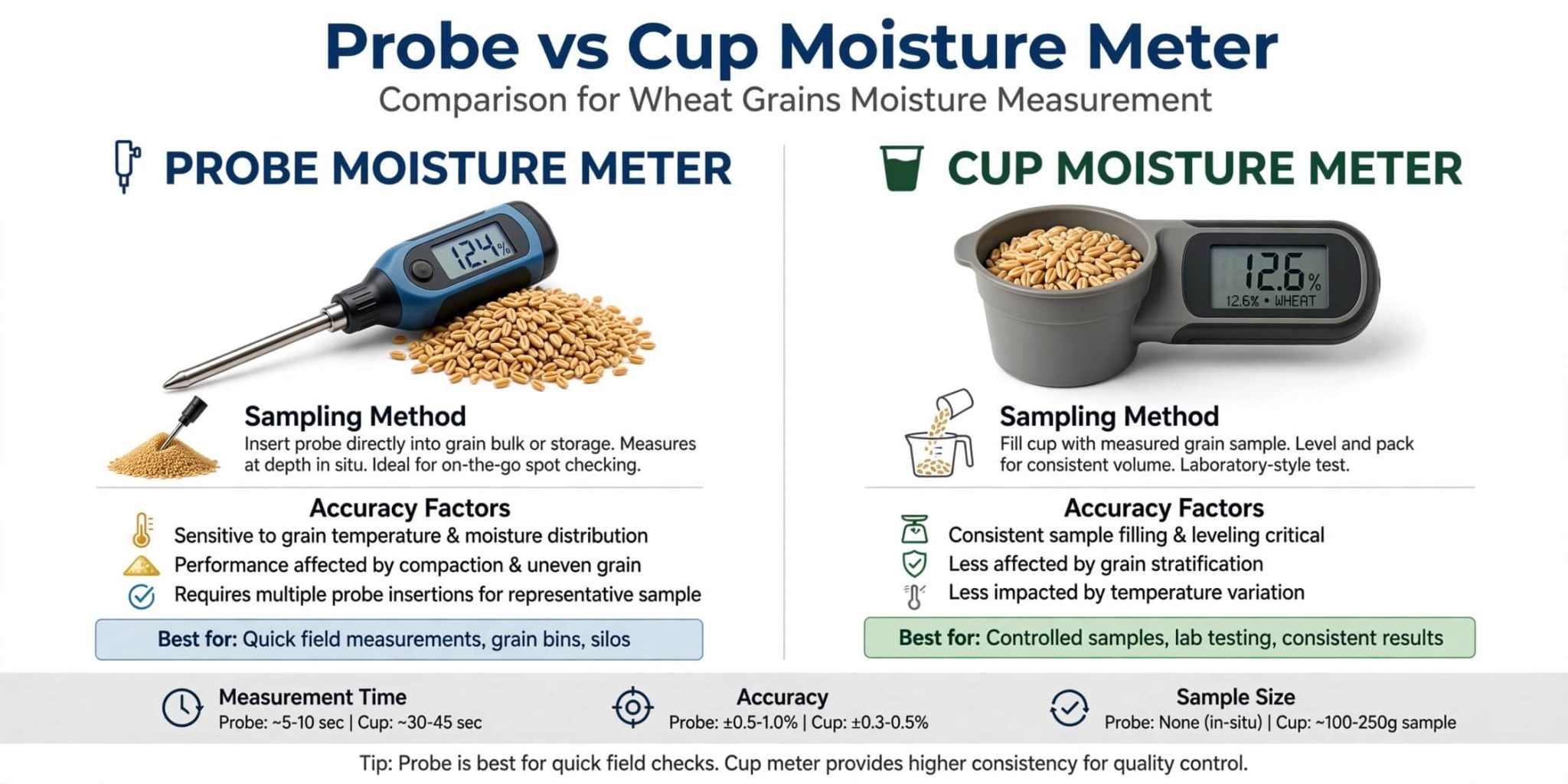 Infografis perbandingan probe vs cup moisture meter untuk gandum - sampling method dan accuracy factors