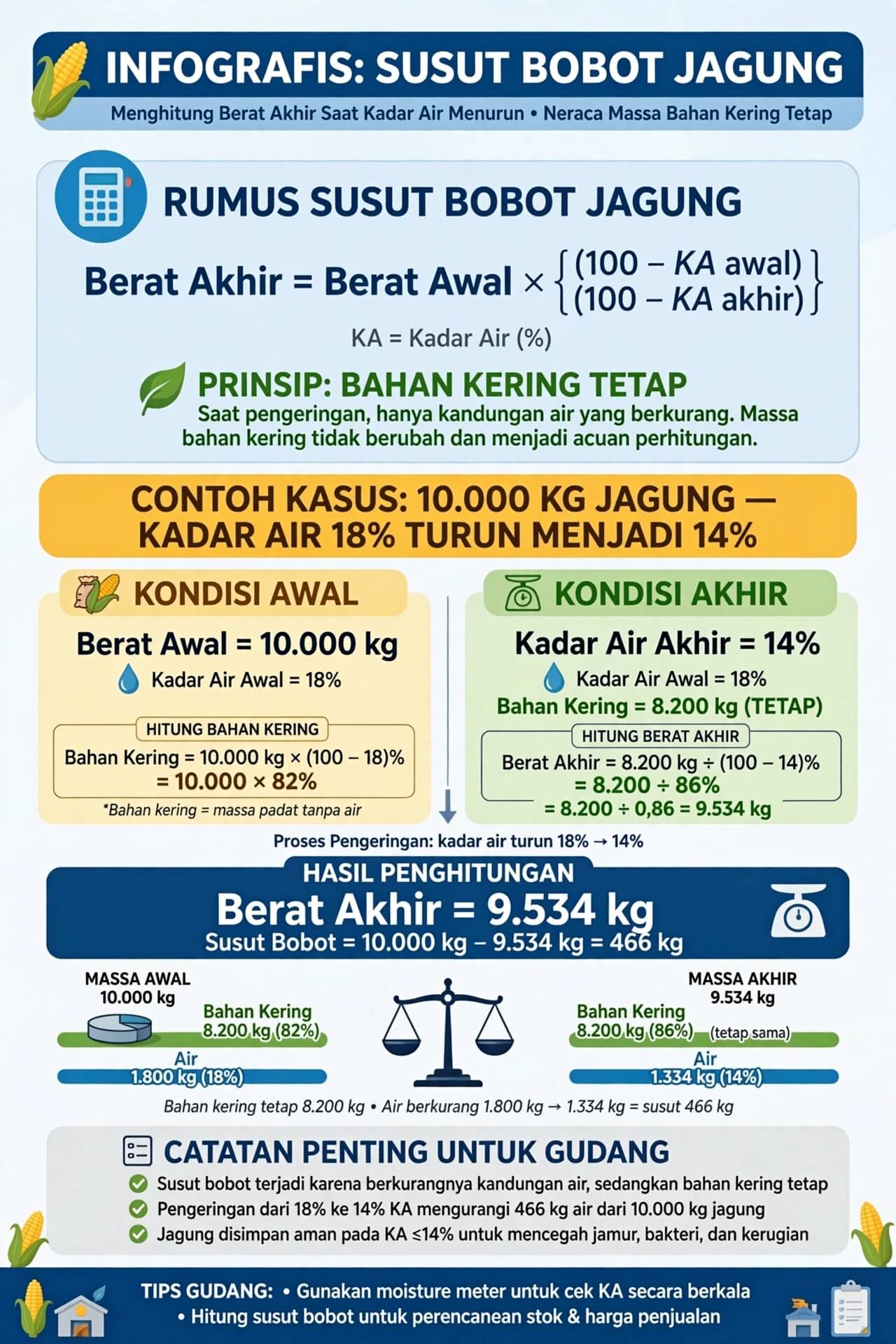 Infografis rumus susut bobot jagung 10000 kg kadar air 18 persen turun menjadi 14 persen neraca massa bahan kering tetap 8200 kg
