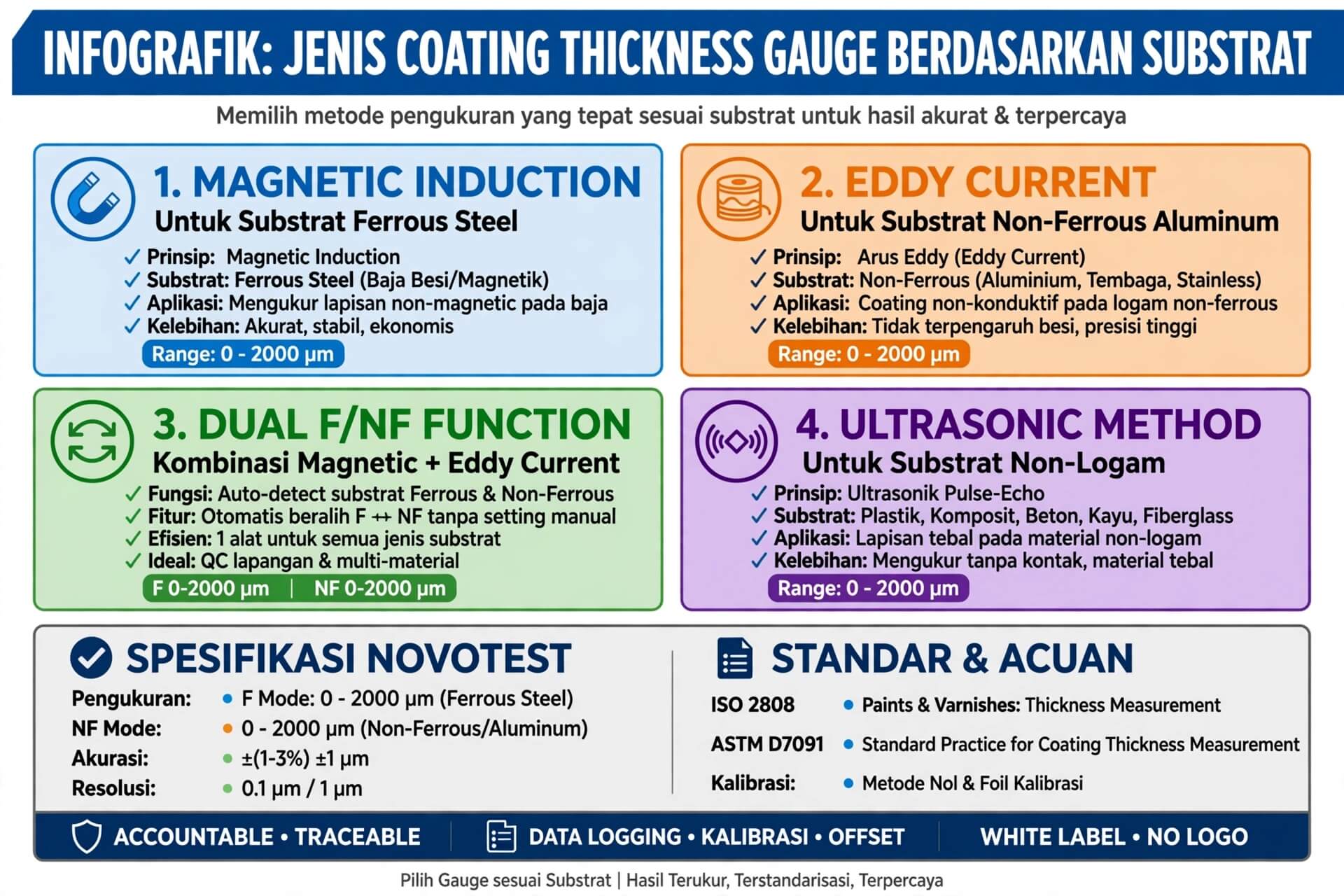 Jenis Coating Thickness Gauge Berdasarkan Substrat, Metode Pengukuran, dan Rentang 0–2000 µm