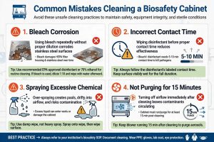 4 kesalahan umum membersihkan Biosafety Cabinet bleach corrosion contact time spray berlebihan tidak purging 15 menit
