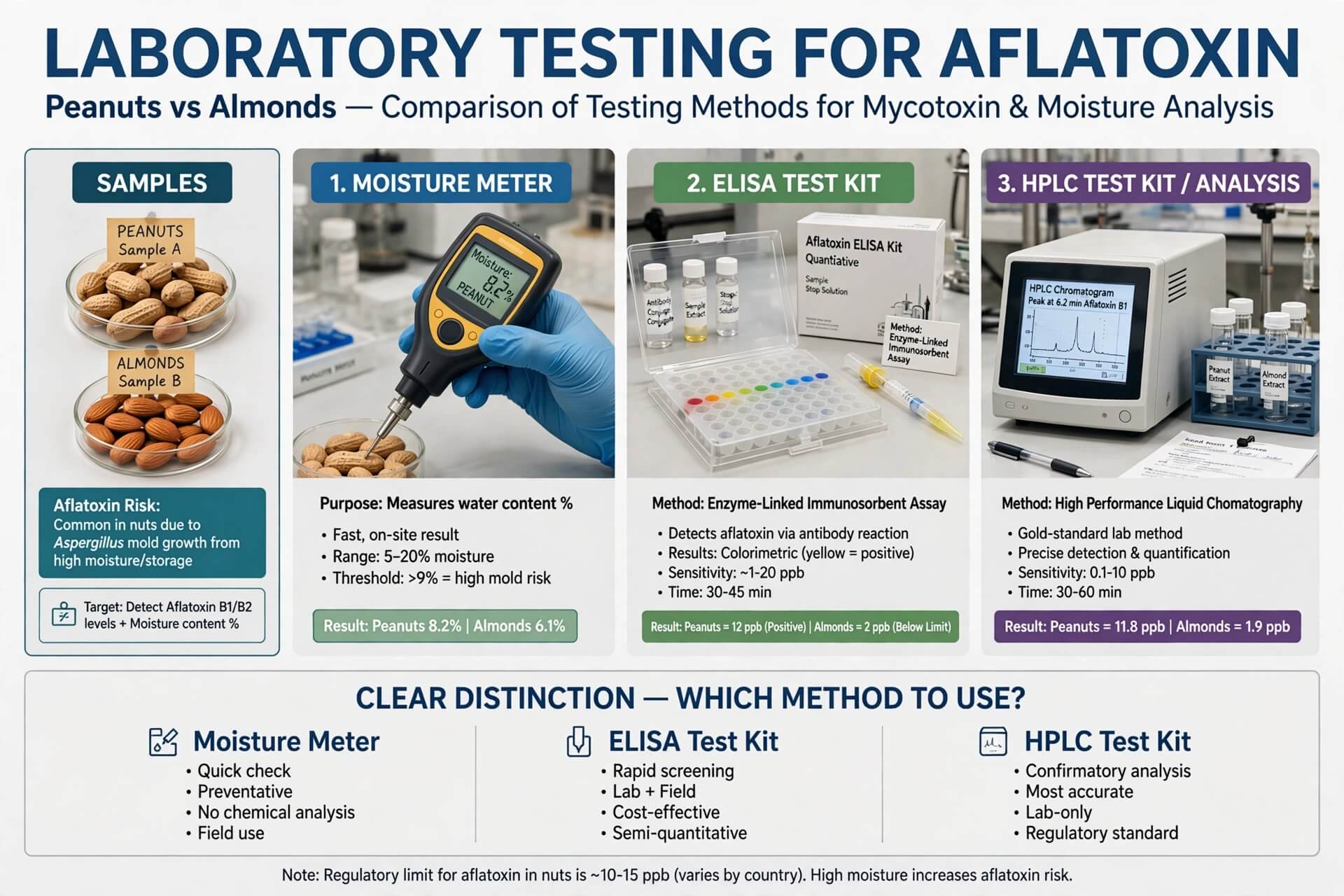 Laboratory testing aflatoksin kacang tanah almond perbandingan moisture meter 8.2 persen vs ELISA test kit 12 ppb vs HPLC analysis 11.8 ppb clear distinction bukan deteksi langsung