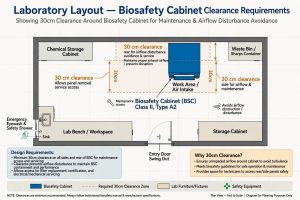 Layout laboratorium clearance 30cm sekitar Biosafety Cabinet untuk maintenance dan hindari gangguan airflow WHO
