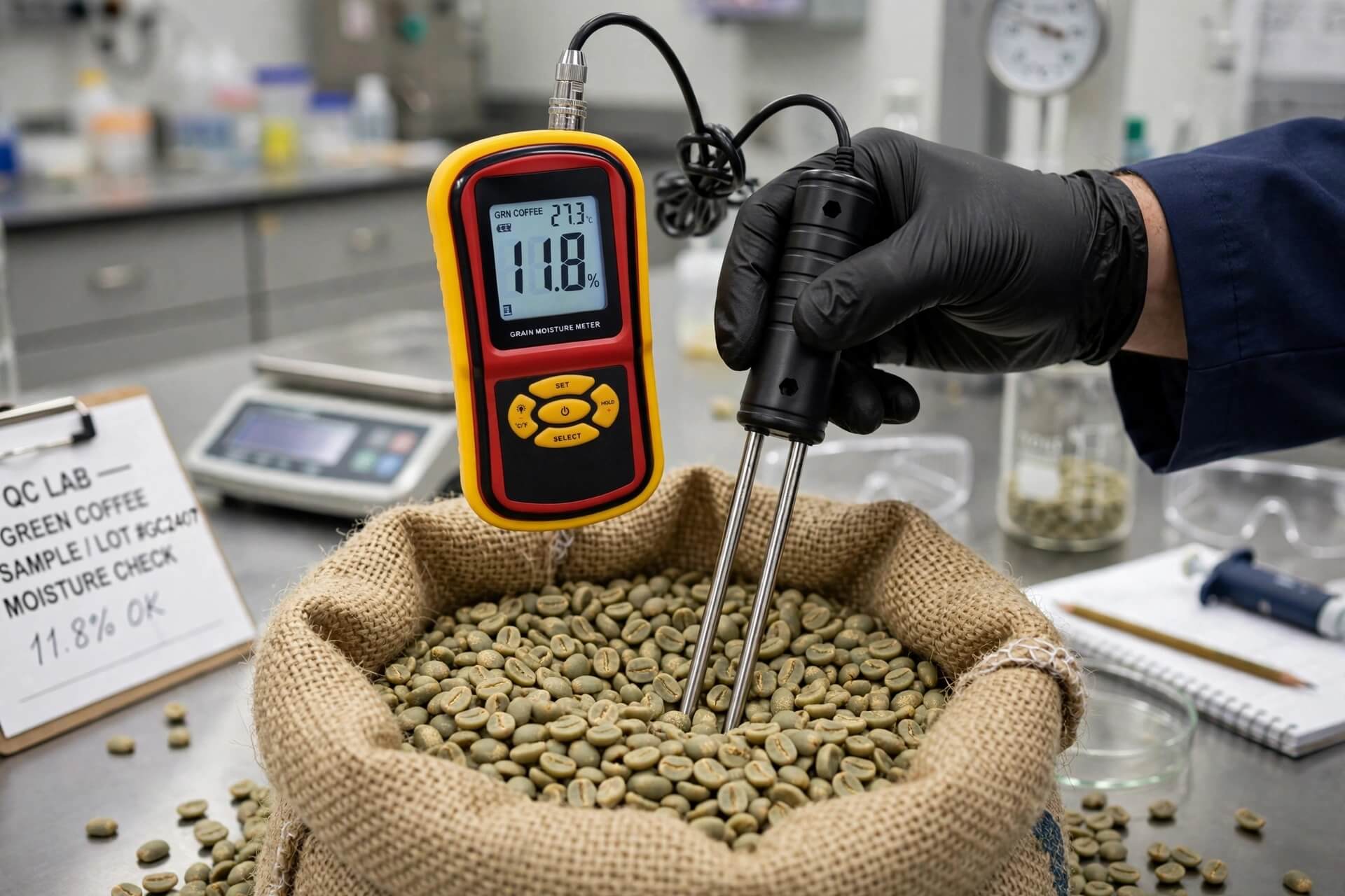 Moisture meter tusuk probe untuk kopi green coffee 11.8 persen di QC lab
