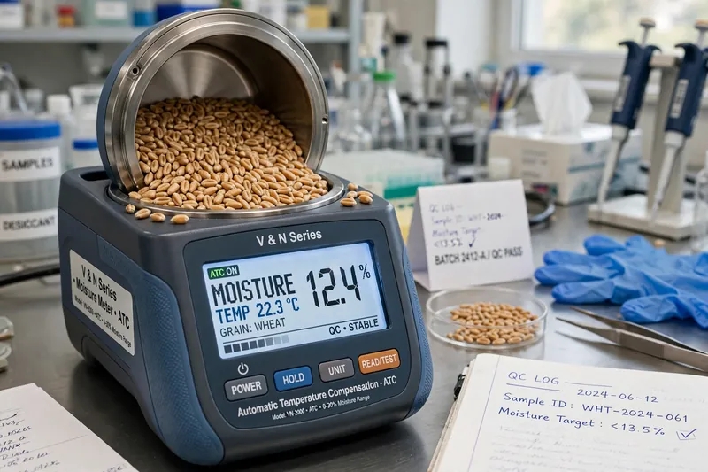 Moisture meter V dan N Series dengan fitur ATC menampilkan kadar air 12.4% dan suhu 22.3C di lab QC