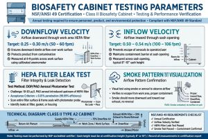 Infografis 4 parameter utama pengujian BSC downflow velocity inflow velocity HEPA filter leak test smoke pattern