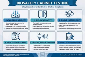  Infografis 6 parameter utama pengujian kinerja Biosafety Cabinet downflow inflow smoke pattern HEPA leak
