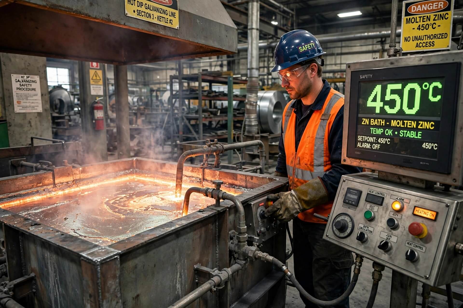 Teknisi memantau suhu bak seng cair 450 derajat Celsius pada proses hot dip galvanizing untuk pengendalian mutu galvanis