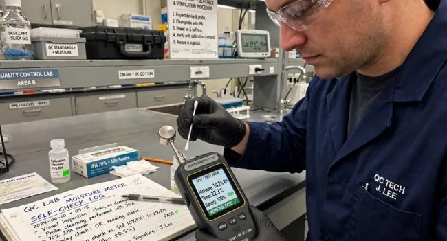 Teknisi QC melakukan self-check moisture meter - pembersihan probe sensor dan pengecekan display dengan logbook verifikasi