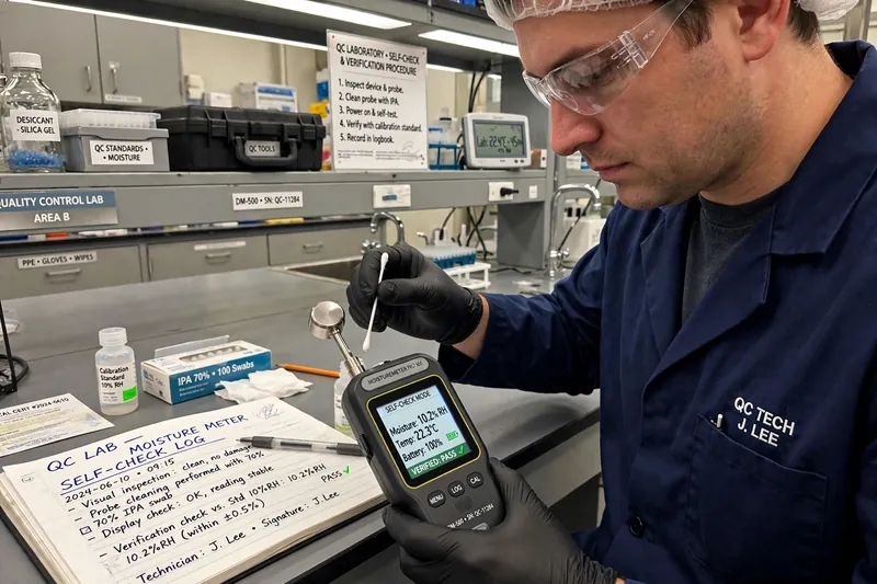Teknisi QC melakukan self-check moisture meter - pembersihan probe sensor dan pengecekan display dengan logbook verifikasi