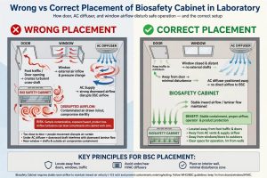 Diagram penempatan Biosafety Cabinet yang salah vs benar di laboratorium - gangguan pintu AC jendela
