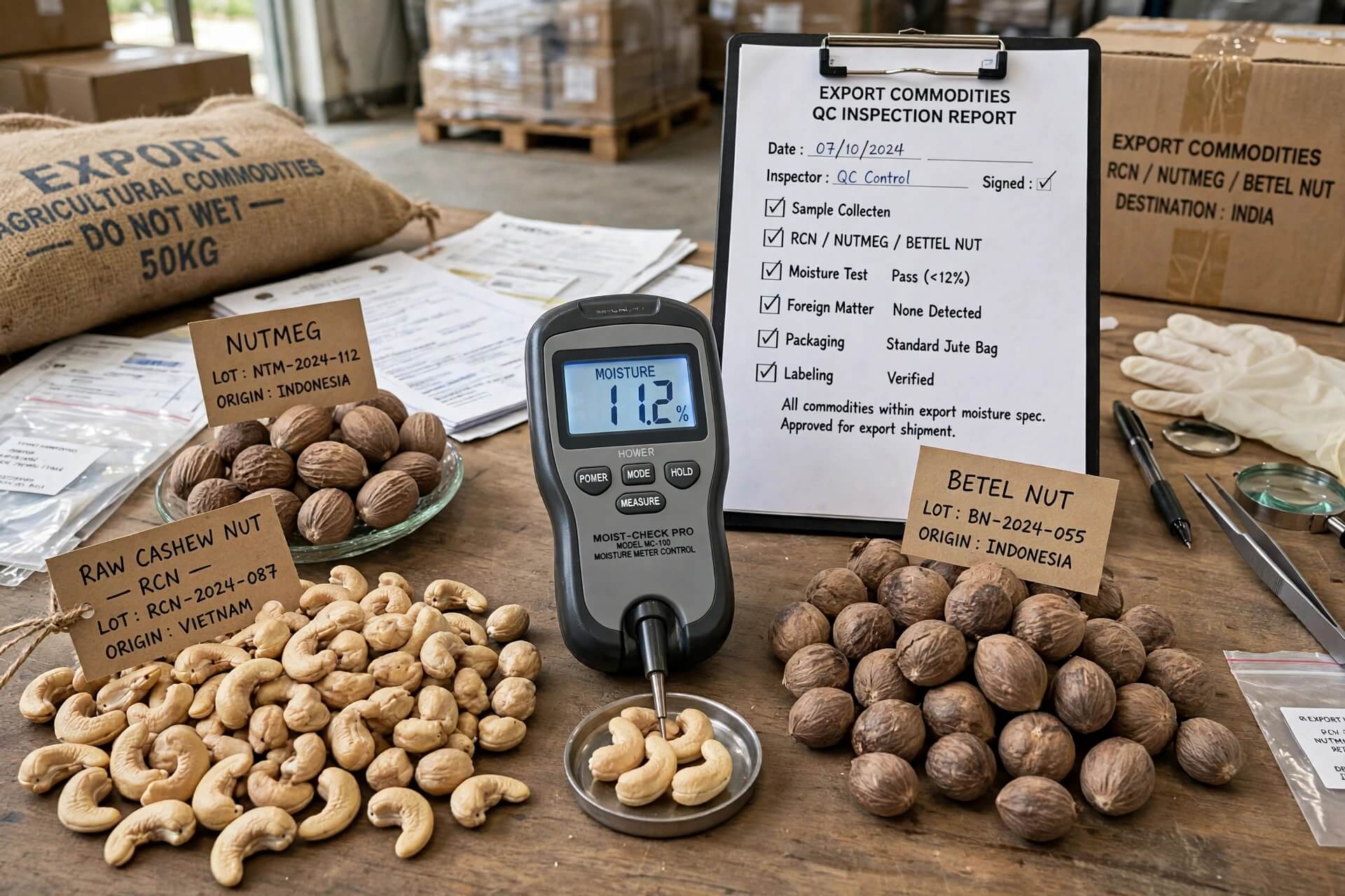Pengendalian kadar air komoditas ekspor kacang mete mentah RCN raw cashew nut biji pala nutmeg dan biji pinang betel nut dengan moisture meter digital
