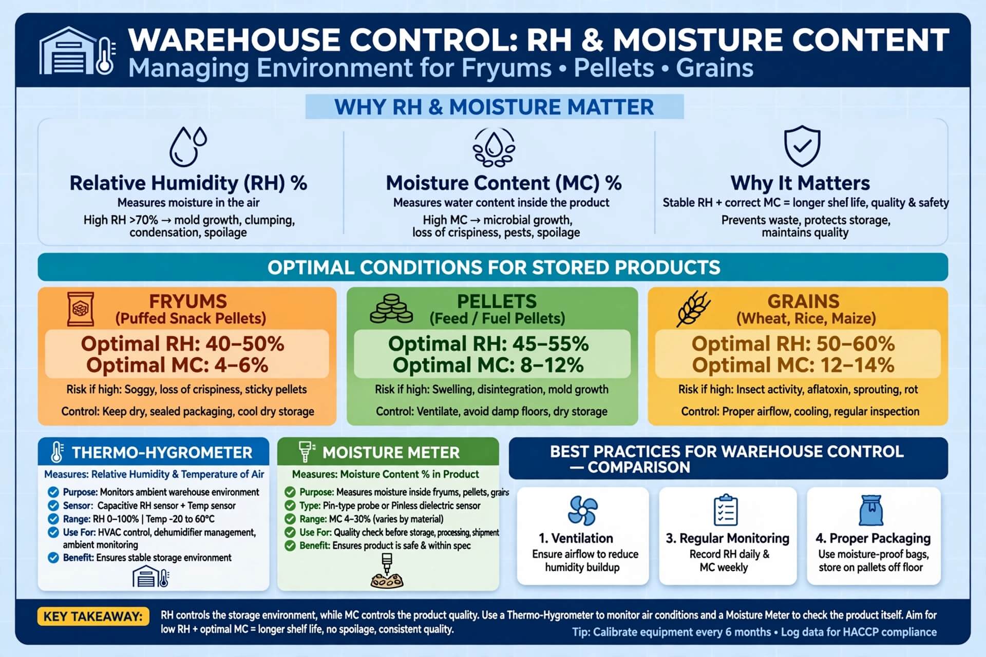 Pengendalian kelembapan gudang perbedaan RH dan kadar air pada fryums pellet ekstrusi dan biji bijian thermo hygrometer vs moisture meter tidak saling menggantikan