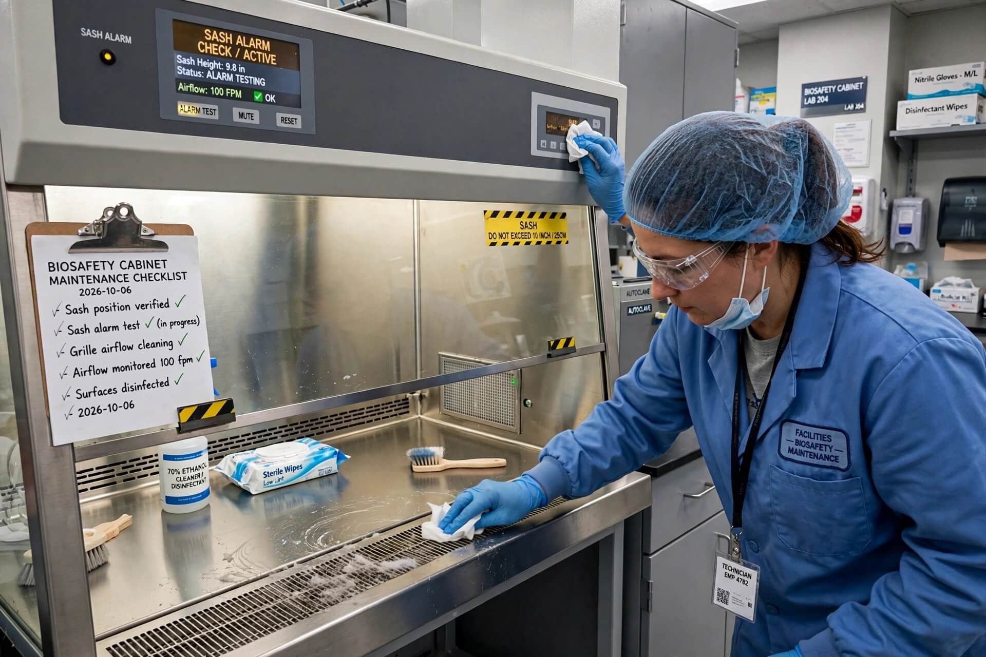 Teknisi melakukan perawatan rutin dan maintenance Biosafety Cabinet pembersihan grille airflow dan cek sash alarm