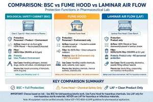 Perbandingan BSC vs fume hood vs LAF di lab farmasi fungsi proteksi
