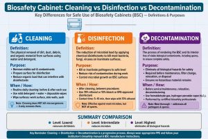 Infografis perbedaan cleaning vs disinfection vs decontamination Biosafety Cabinet definisi tujuan kapan