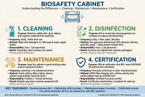 Infografis perbedaan cleaning disinfection maintenance certification Biosafety Cabinet - frekuensi metode tanggung jawab