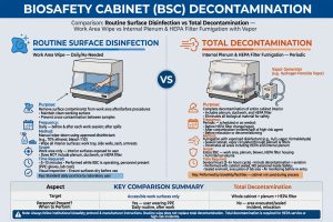 Infografis perbandingan disinfeksi rutin permukaan area kerja vs dekontaminasi total BSC mencakup plenum dan HEPA filter fumigasi vapor