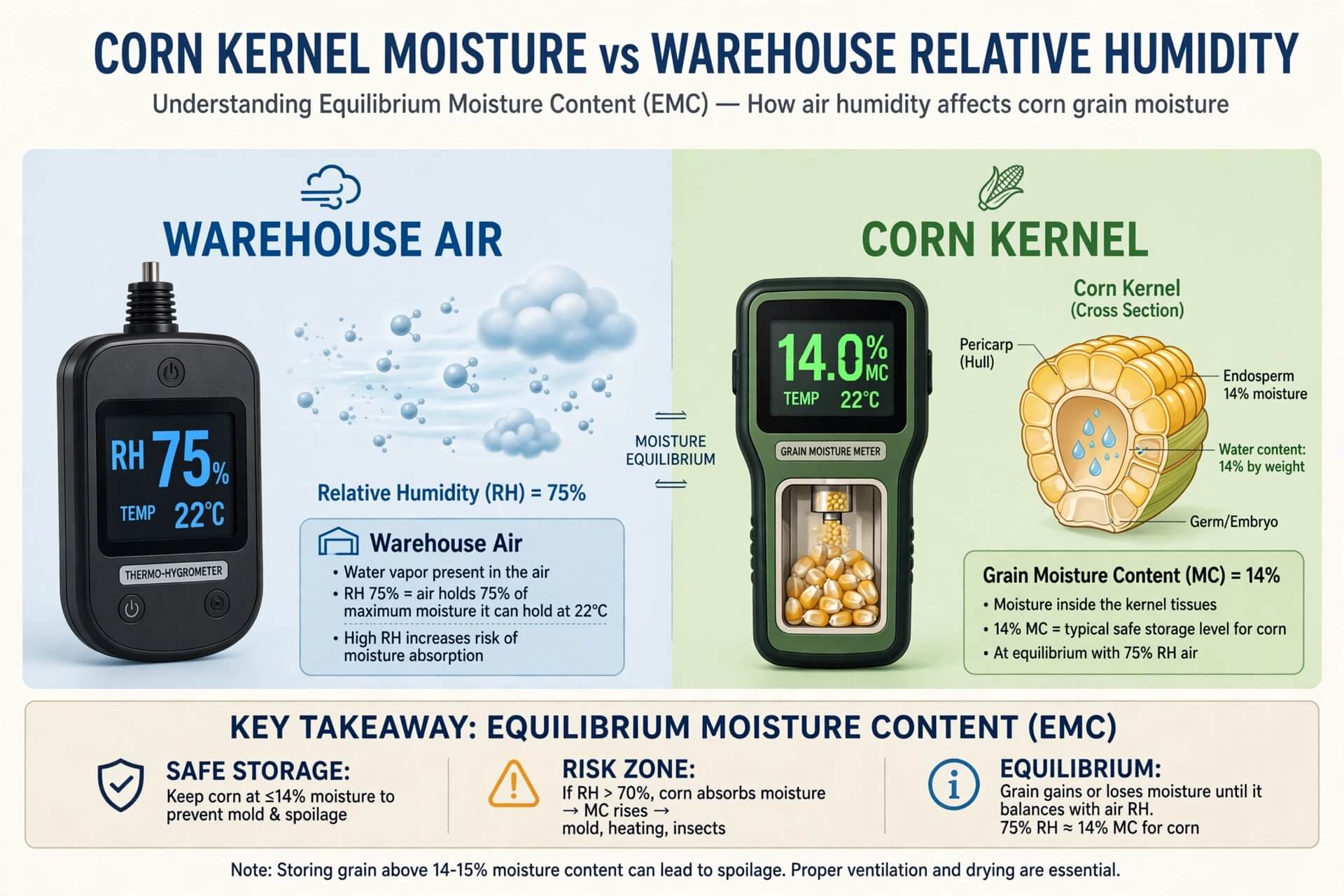 Infografis perbedaan kadar air biji jagung 14.0 persen MC vs kelembapan udara gudang RH 75 persen equilibrium moisture content EMC
