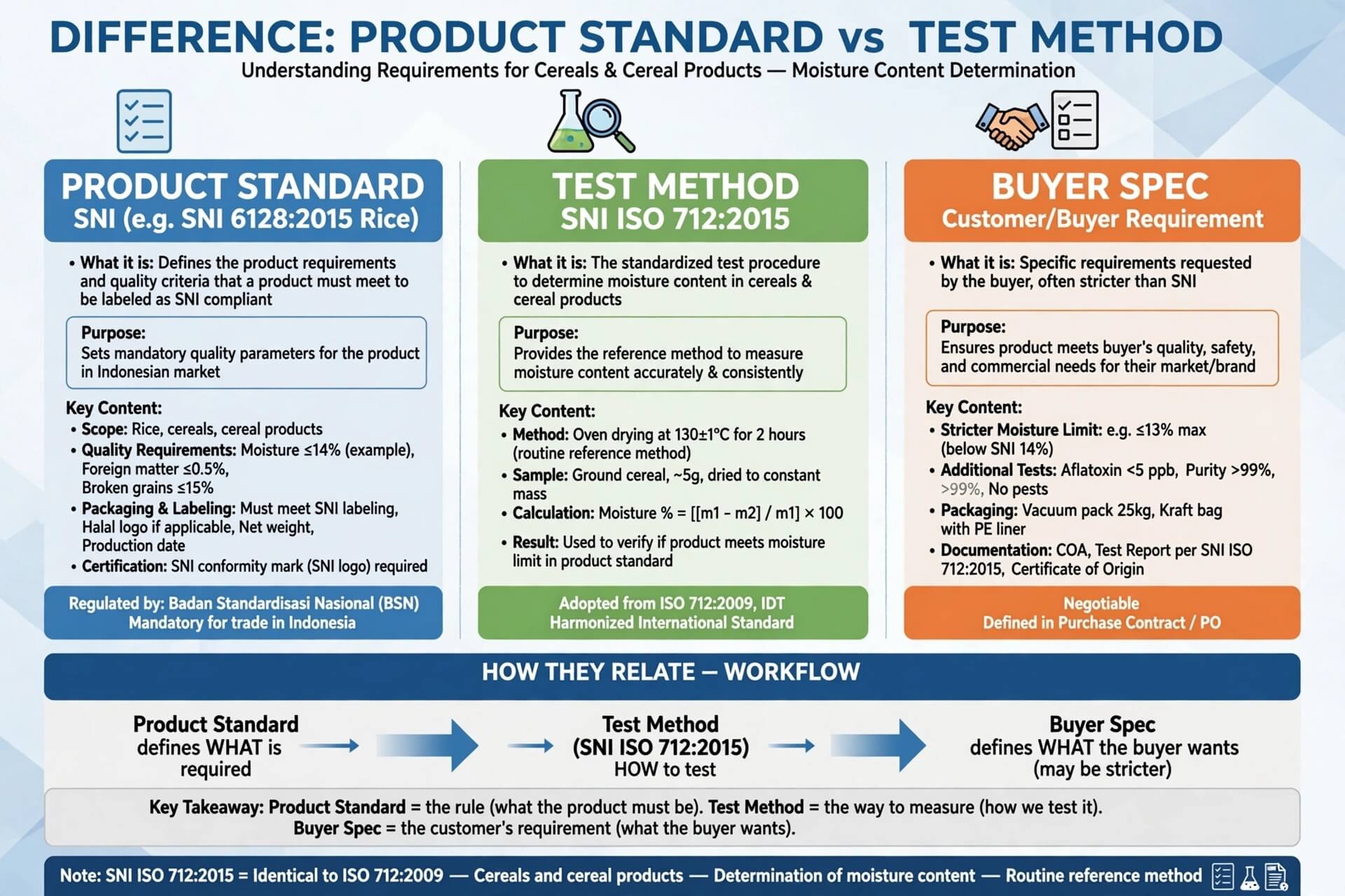Perbedaan product standard, test method, dan buyer specification untuk pengujian kadar air serealia