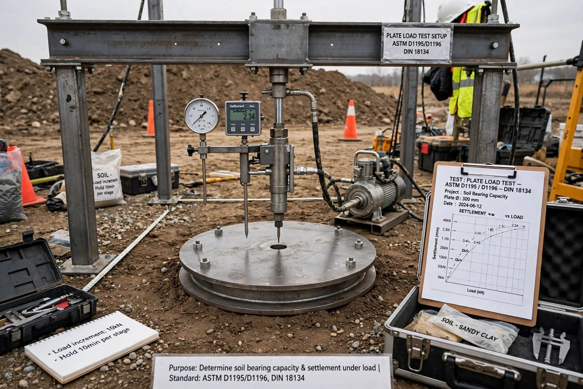 Setup Plate Load Test ASTM D1195 D1196 DIN 18134 untuk evaluasi hubungan beban dan penurunan tanah