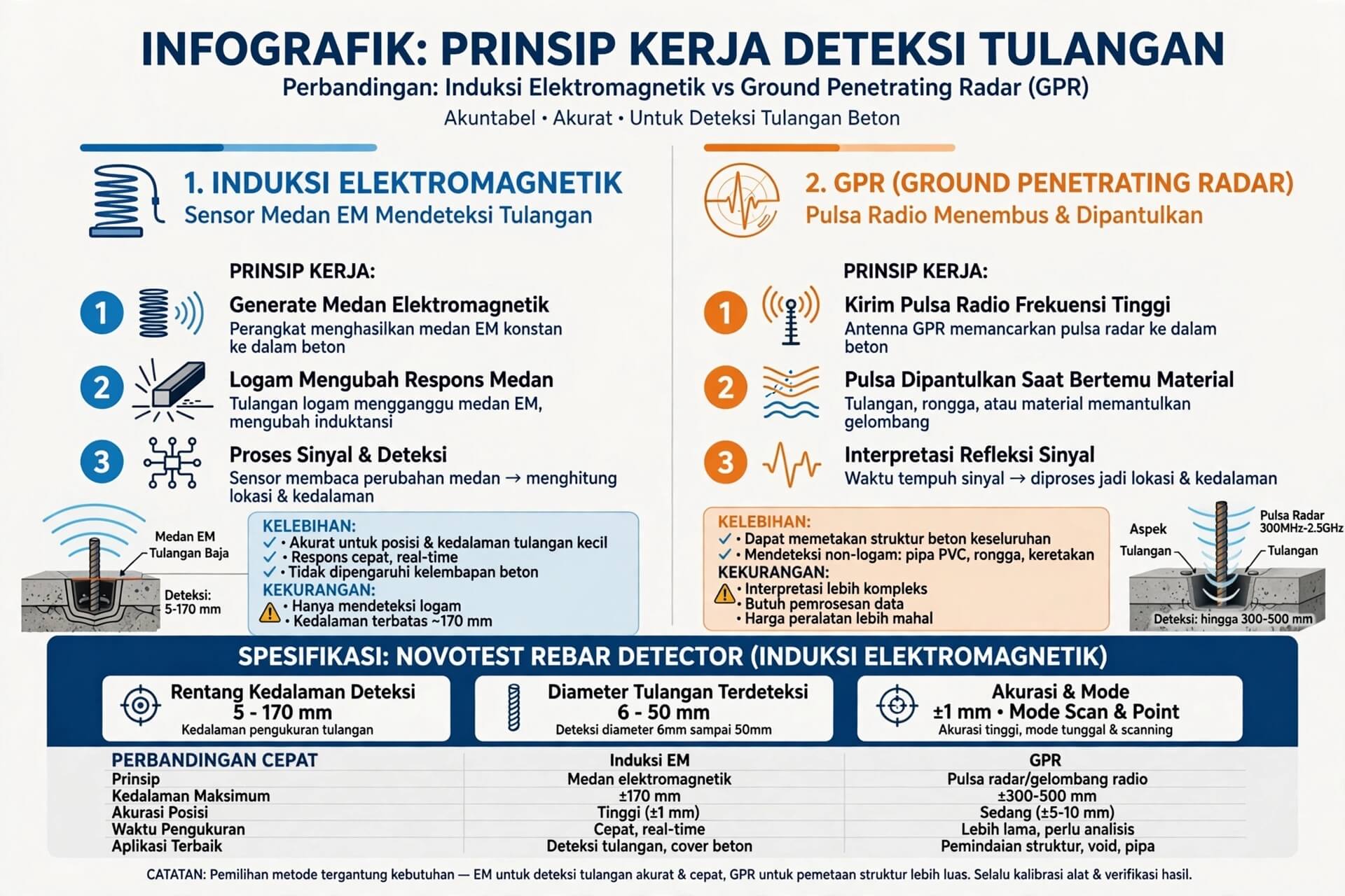 Perbedaan Cara Kerja Alat Deteksi Besi: Induksi Elektromagnetik vs GPR (Kedalaman 5-170 mm