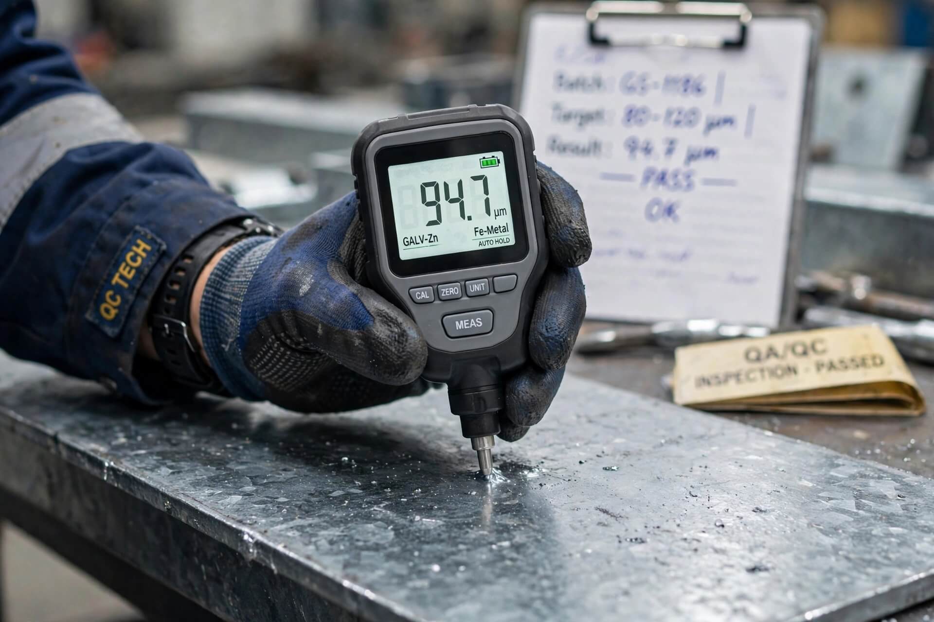 Cara mengukur ketebalan lapisan galvanis dengan coating thickness gauge digital - inspeksi QA QC 94.7 um
