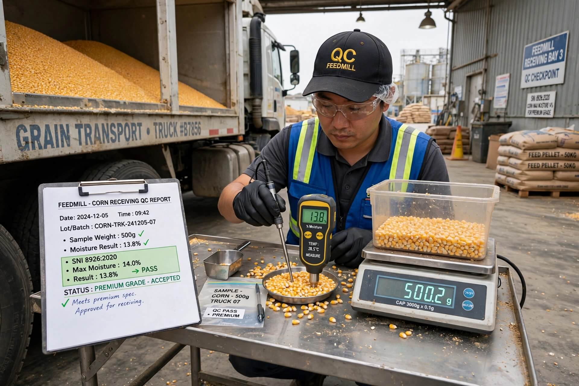 Proses receiving QC jagung di pabrik pakan feedmill pemeriksaan kadar air dengan moisture meter tusuk digital SOP QC