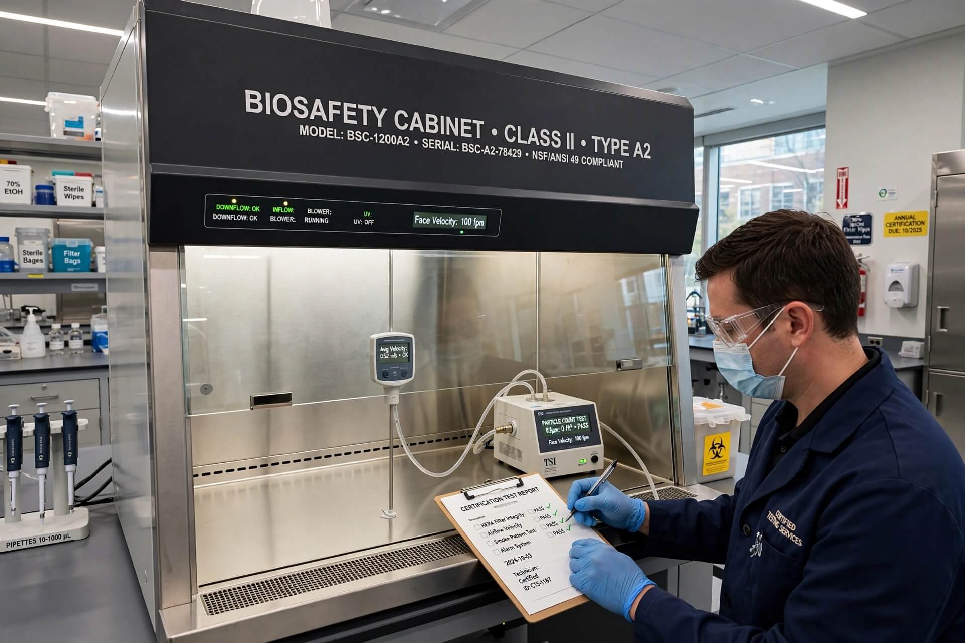 Biosafety Cabinet Class II Type A2 bersertifikasi NSF ANSI 49 di laboratorium modern