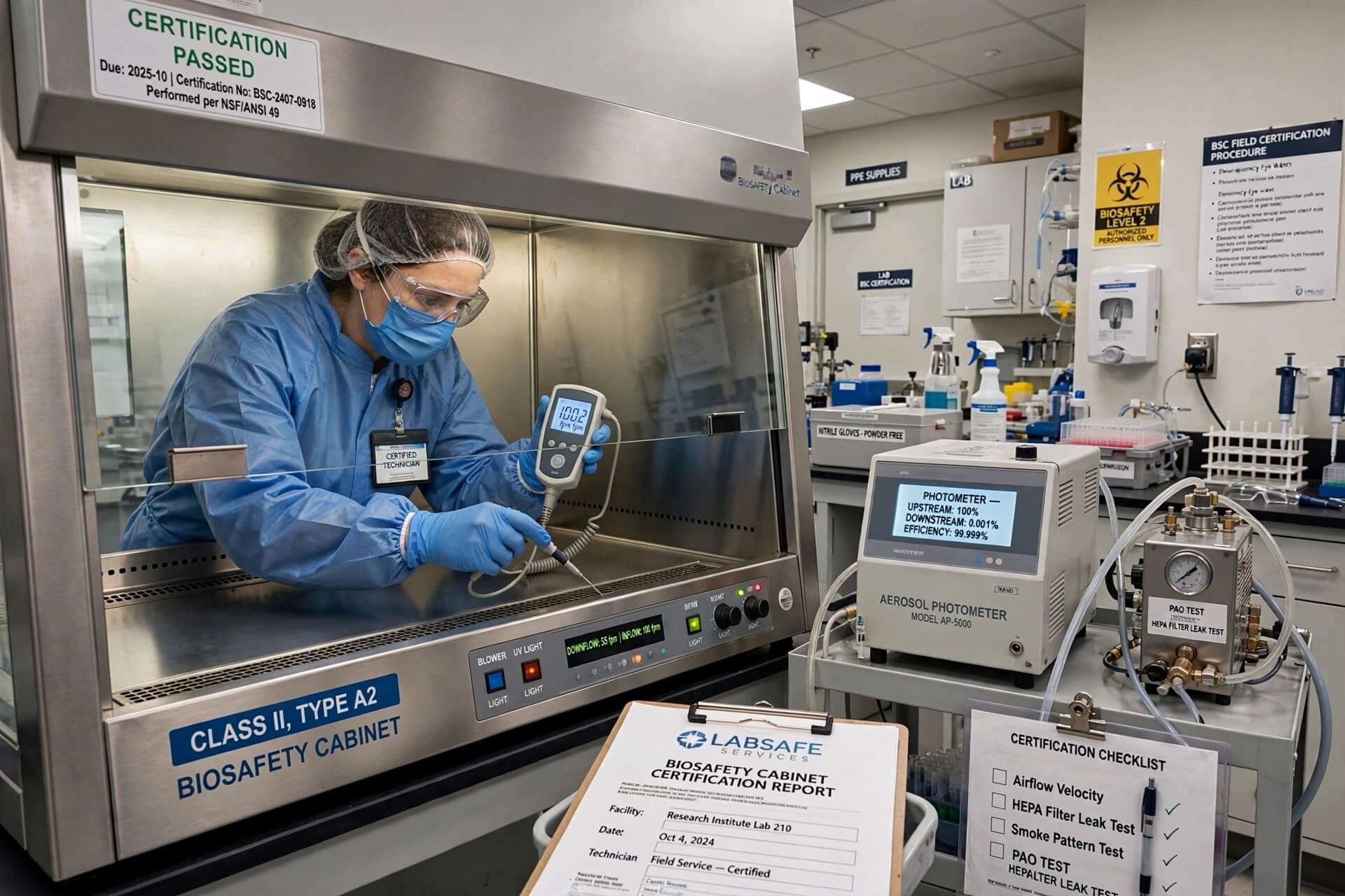 Teknisi bersertifikasi melakukan field certification biosafety cabinet Class II Type A2 dengan anemometer dan aerosol photometer