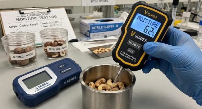 Spesifikasi alat ukur kadar air kacang mete pala dan pinang - RCN cashew kernel biji pala pinang utuh belah dalam mangkuk kayu