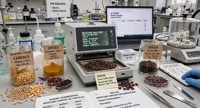 Standar kadar air komoditas ekspor serealia rempah kopi kakao pemeriksaan di laboratorium QC beda standar produk dan metode uji