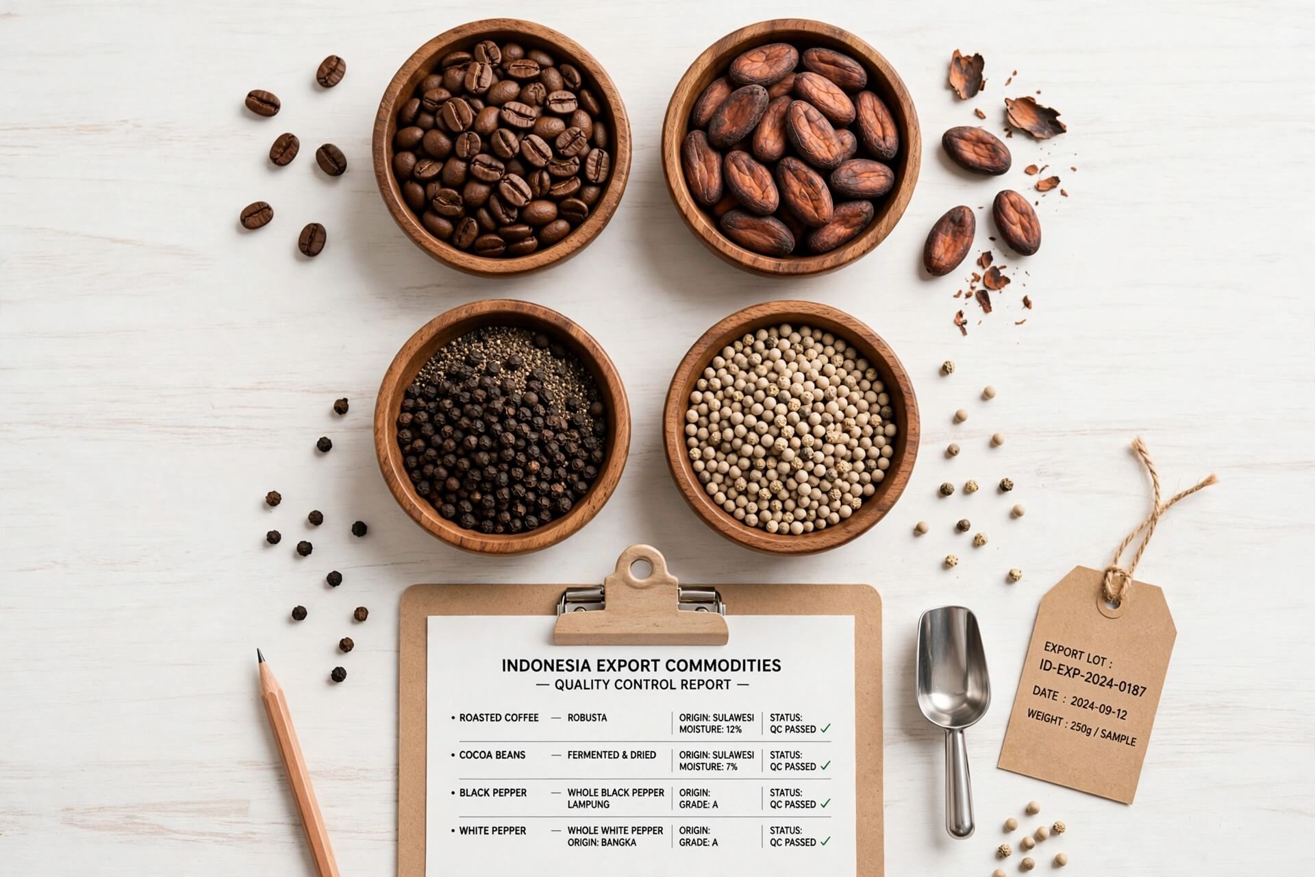 Standar SNI kadar air komoditas ekspor Indonesia untuk biji kopi, biji kakao, lada hitam dan lada putih dalam wadah kayu dengan lembar laporan quality control