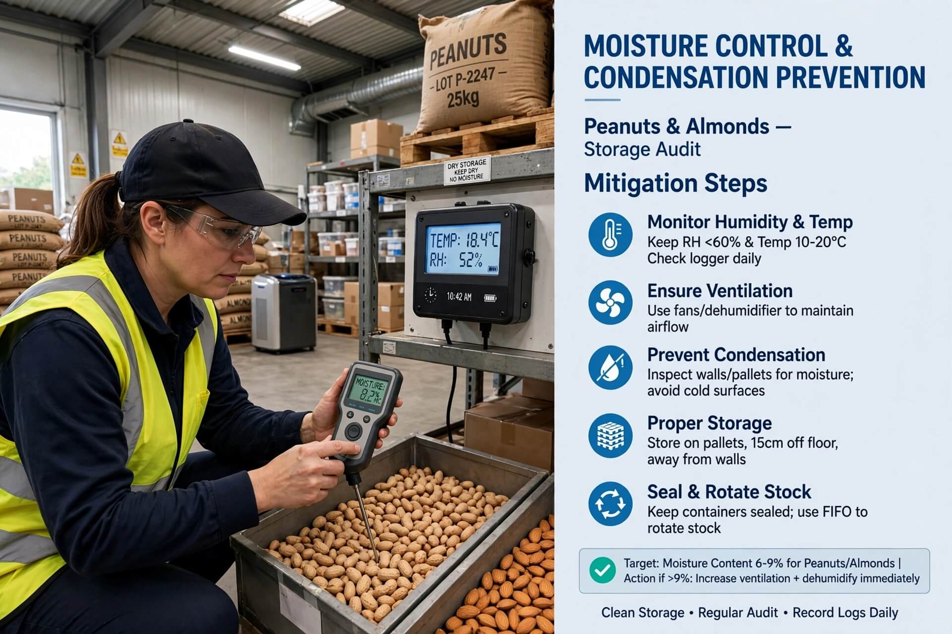 Strategi mitigasi audit kelembaban berkala gudang kacang tanah groundnut almond protokol pengendalian kadar air suhu kelembapan uji aflatoksin terpisah