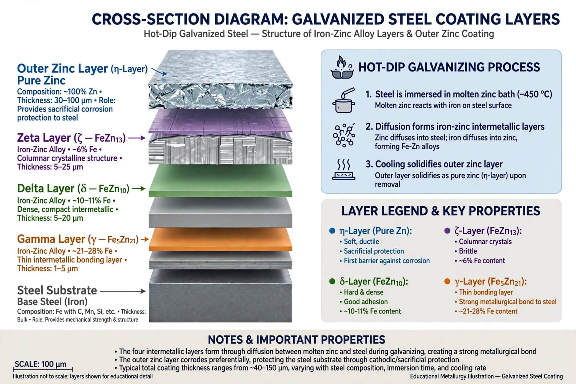 Struktur lapisan galvanis cross-section - outer zinc layer, zeta layer, delta layer, gamma layer, steel substrate