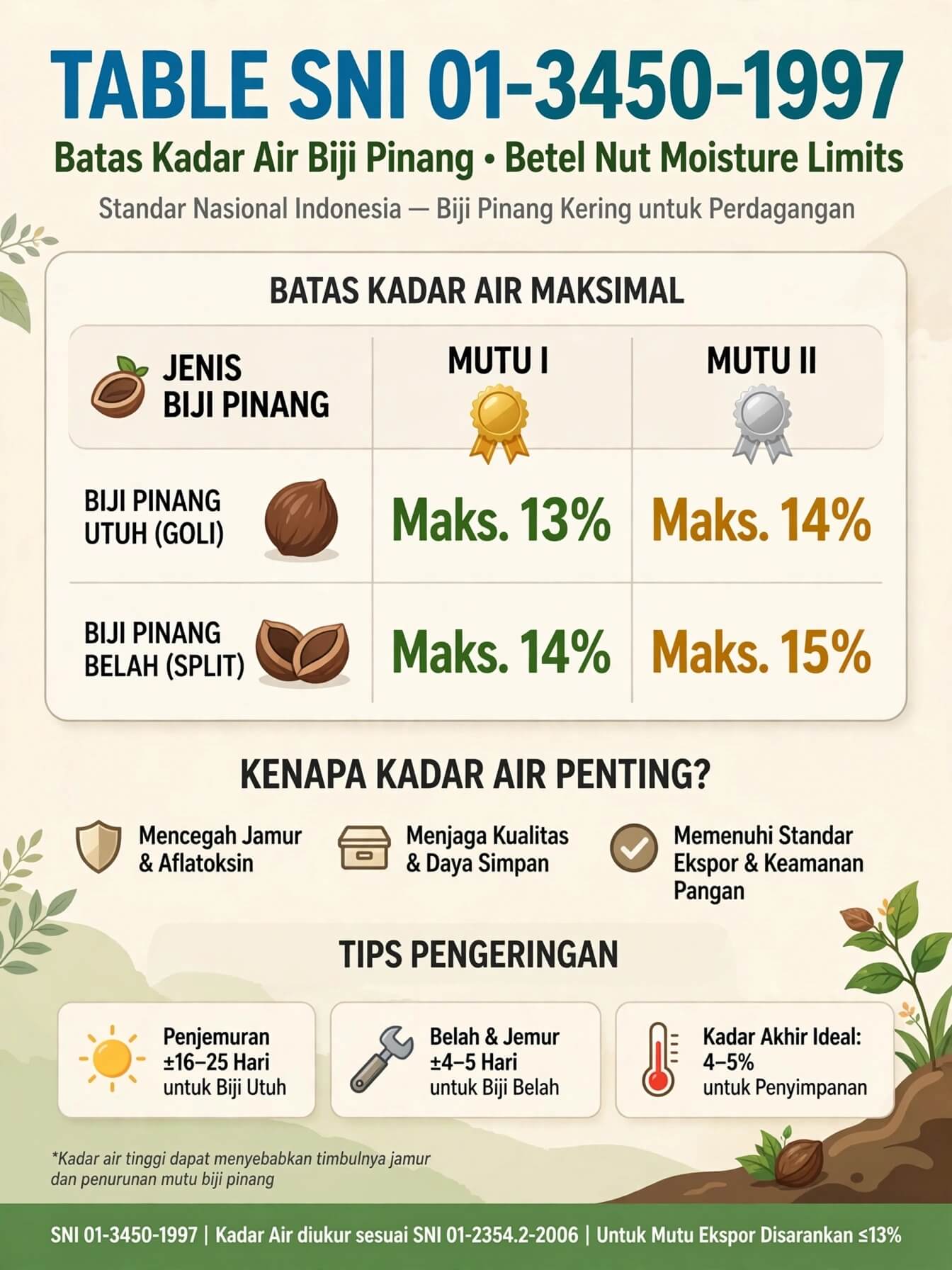 Tabel SNI biji pinang bukan untuk obat SNI 01-3450-1997 kadar air pinang utuh mutu I 13% mutu II 14% pinang belah 14% 15%
