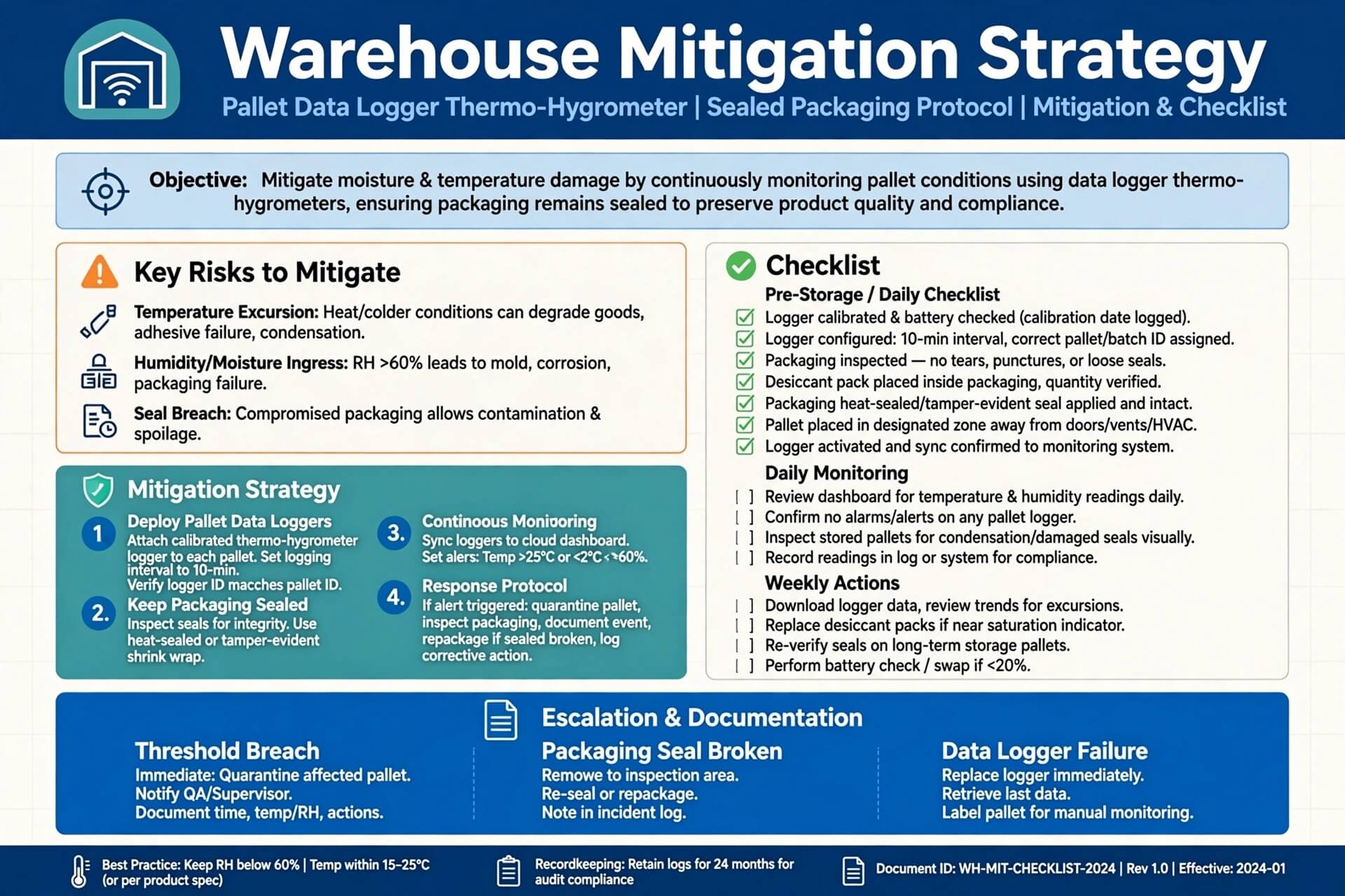 Strategi mitigasi gudang fryums biji-bijian palet data logger thermo-hygrometer kemasan sealed checklist pre-storage daily weekly