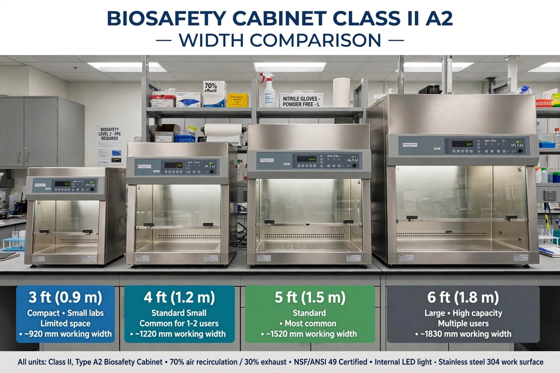 Perbandingan ukuran Biosafety Cabinet Class II A2 lebar 3ft 4ft 5ft 6ft untuk lab kecil standar besar
