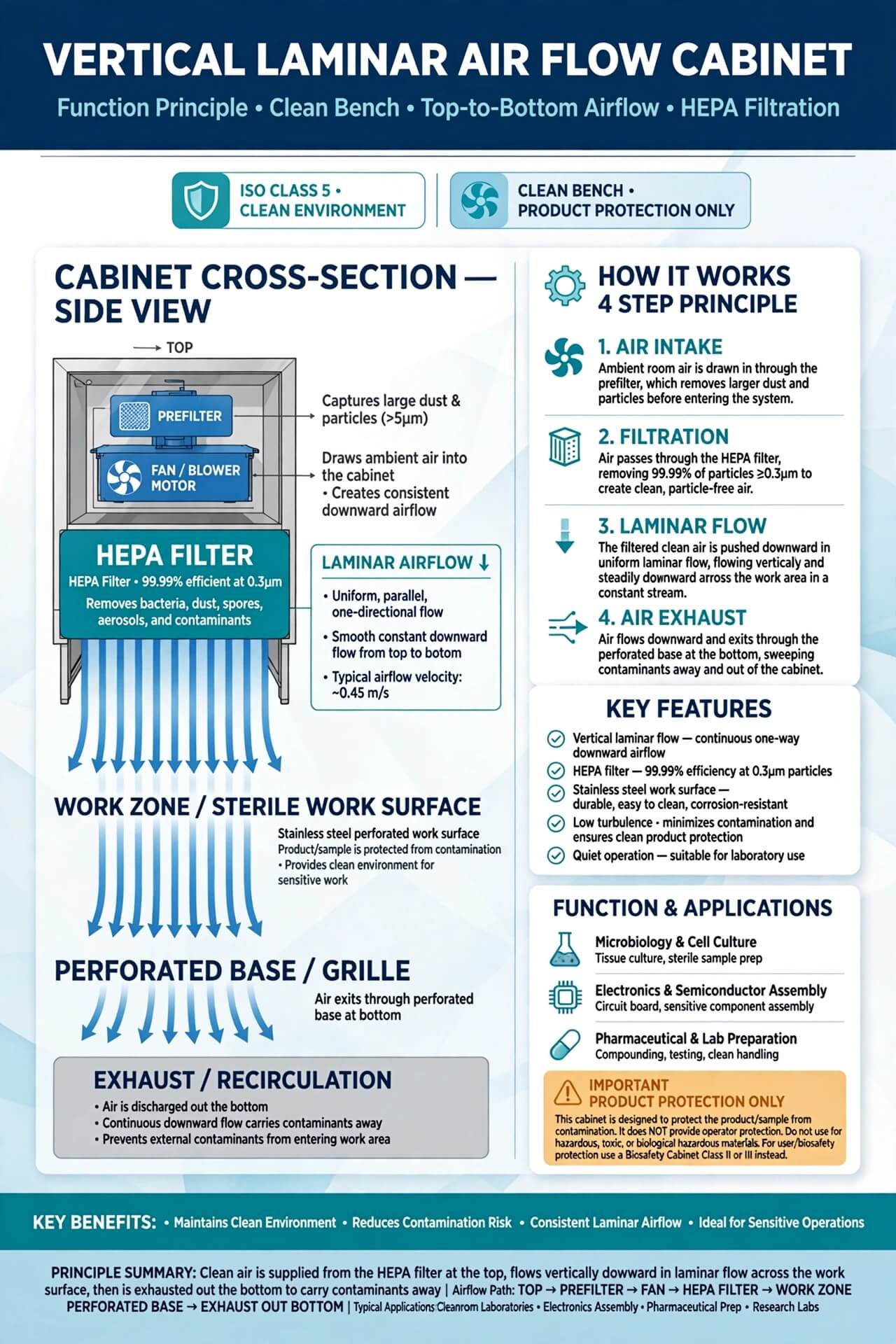 Vertical Laminar Air Flow fungsi prinsip kerja clean bench top to bottom airflow HEPA filtration ISO Class 5