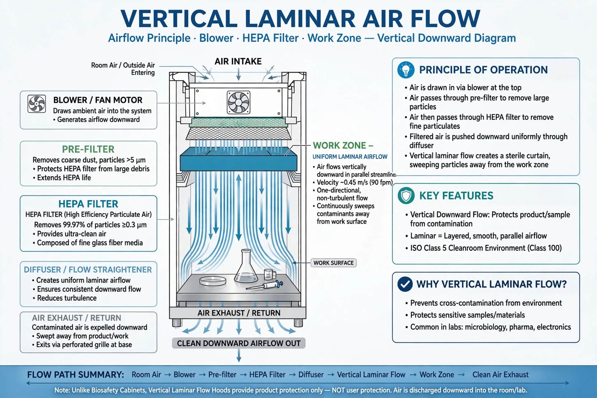Prinsip kerja Vertical Laminar Air Flow blower prefilter HEPA filter work zone aliran vertikal 0.45 m per s diagram